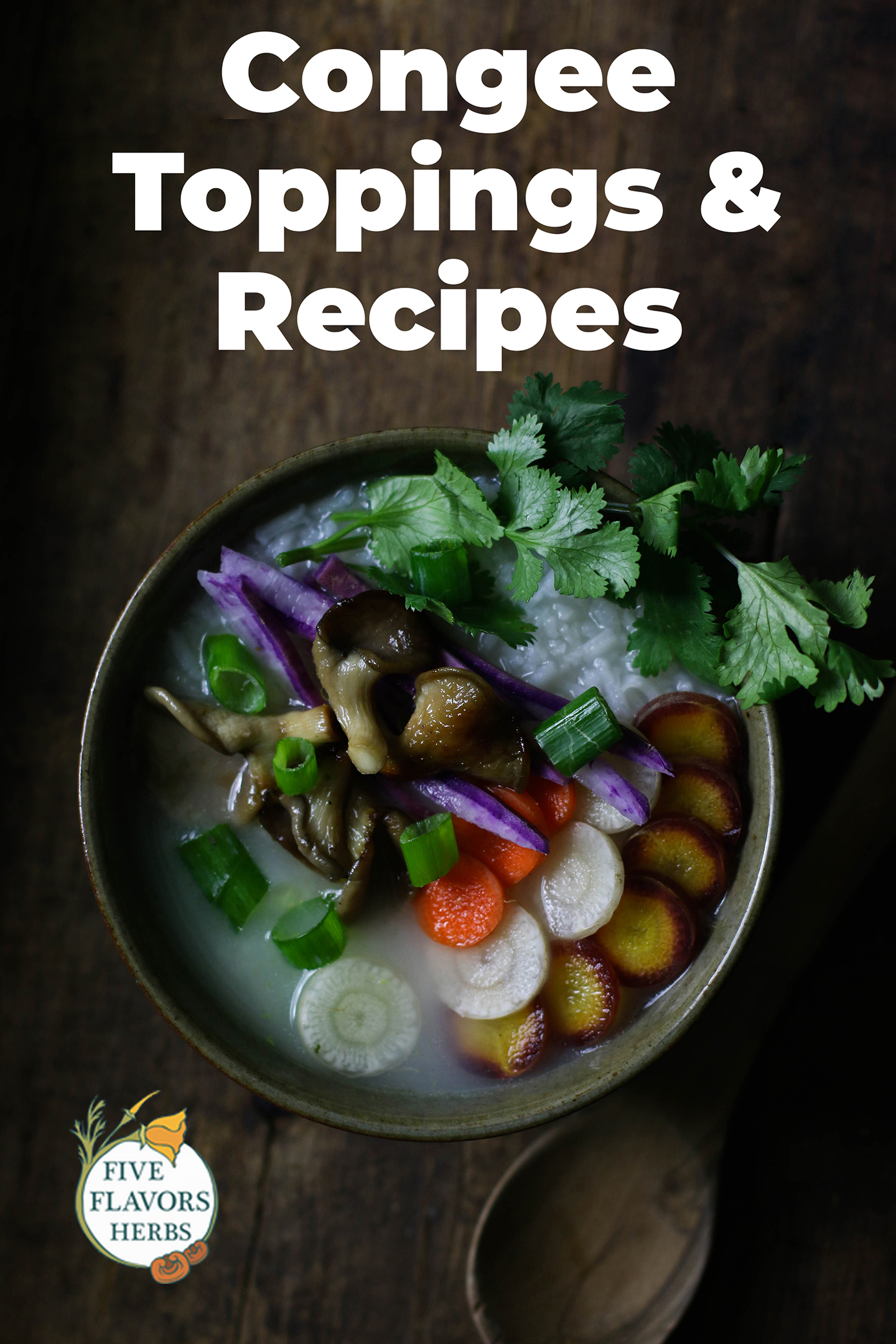 Overhead shot of a bowl of congee with vegetables and herbs on top