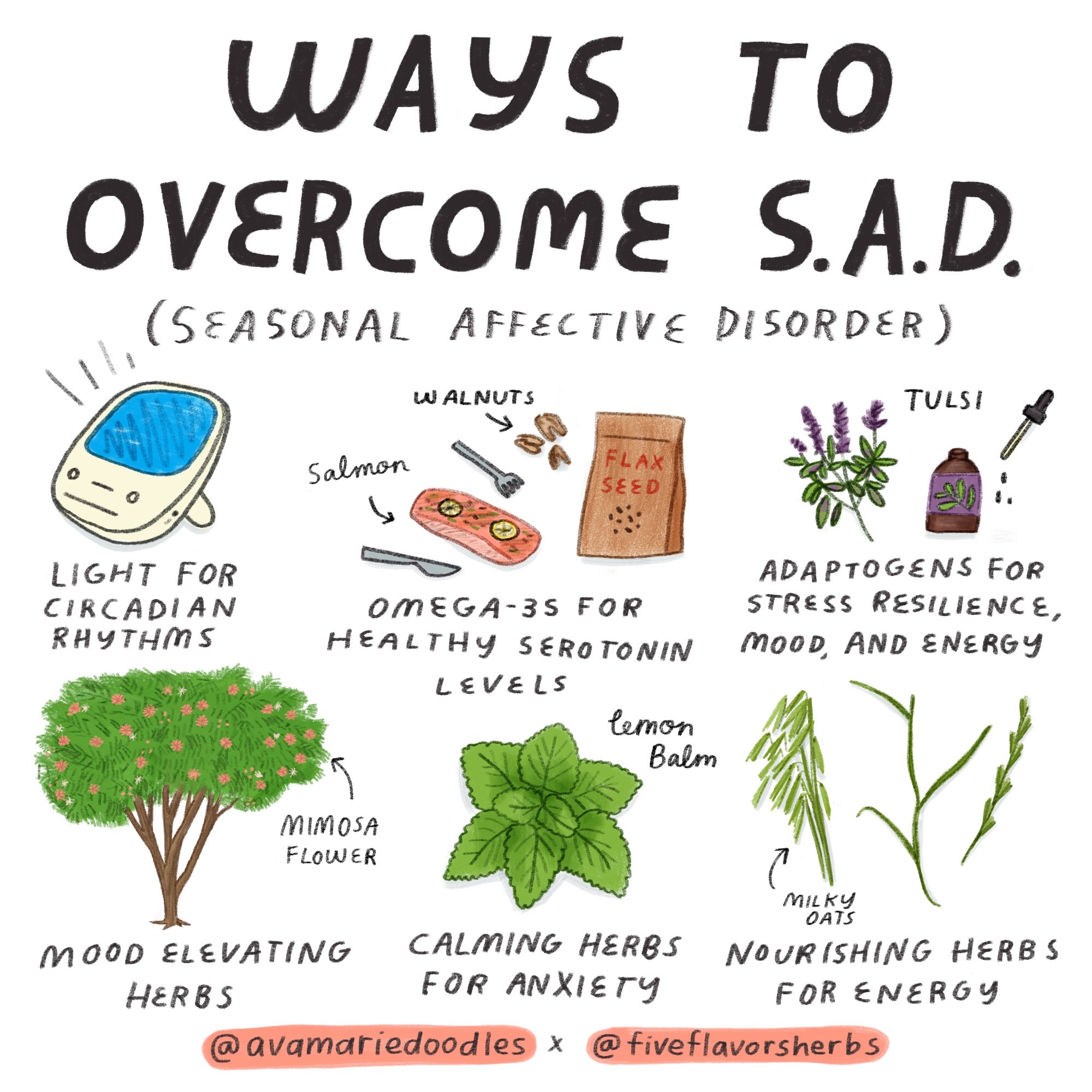 ways to overcome season affective disorder illustration with light therapy, herbs, and supplements from Ava Marie Doodles