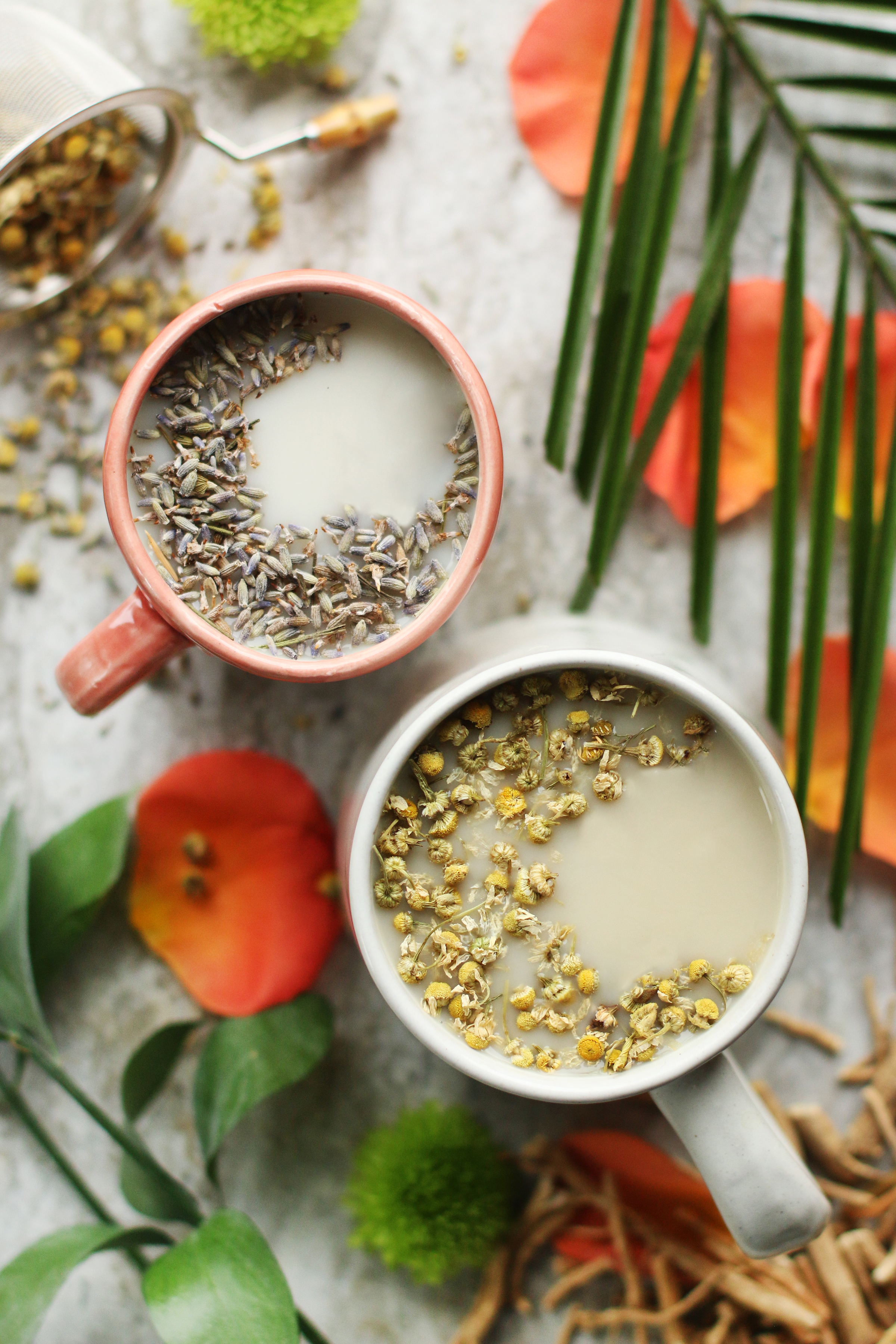 overhead-shot-of-homemade-ashwagandha-moon-milks-sprinkled-with-lavender-and-chamomile-in-mugs-surrounded-by-fresh-flowers