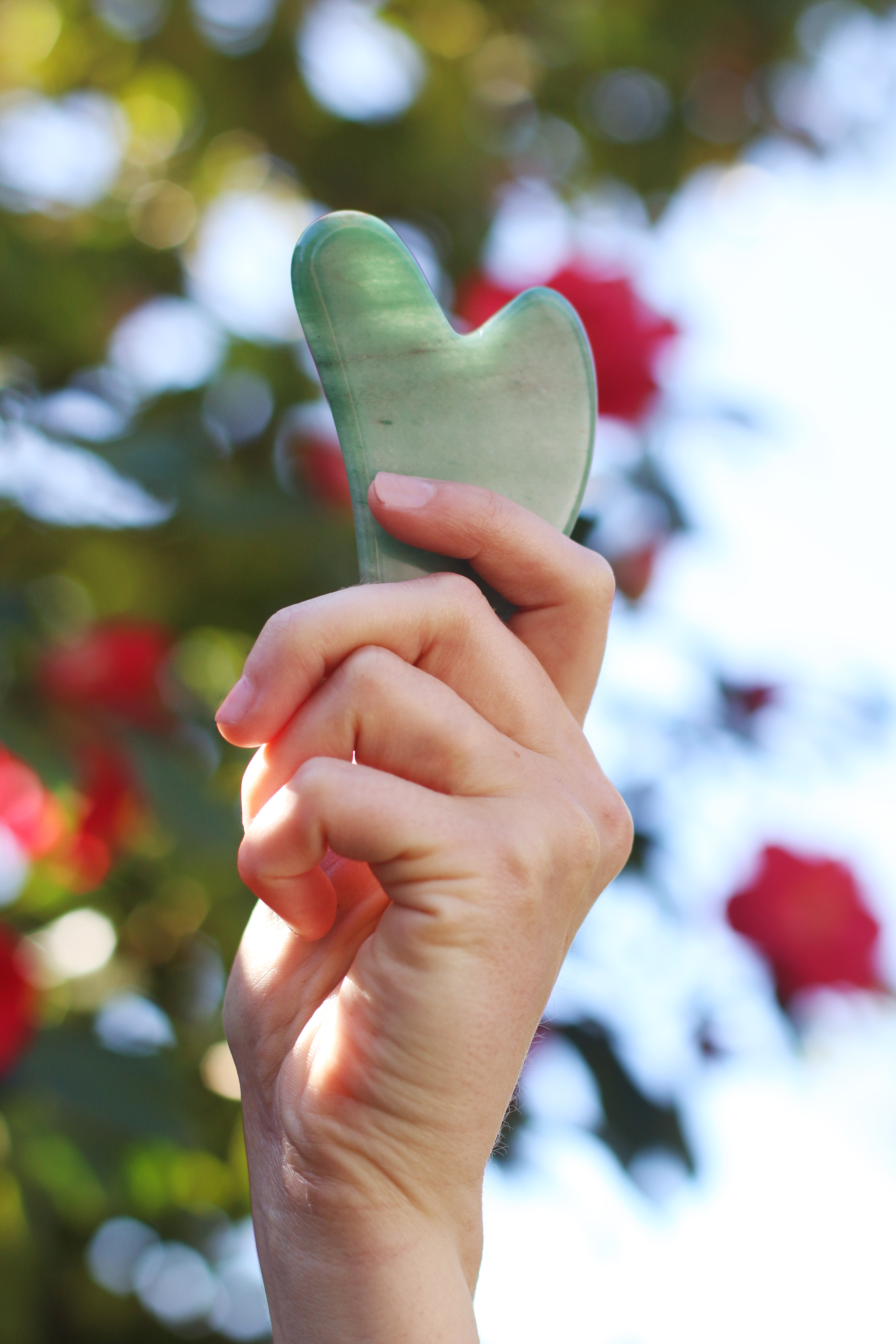 hand-holding-heart-shaped-green-gua-sha-chinese-massage-stone-for-lymphatic-massage-with-flowers-behind